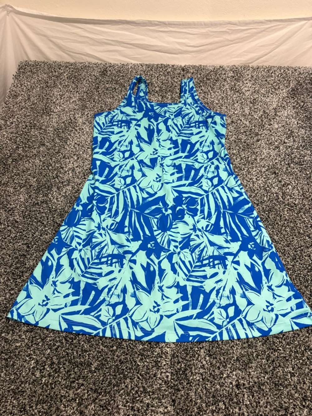 Columbia Sleeveless Tropical A-Line Dress in Bright Blue and Aqua girls 14/16
